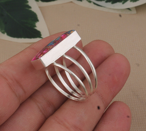 Rectangular Pink Copper Turquoise <b>Ring</b> 925 Sterling Silver Handmade <b>Ring</b> Multi Band <b>Ring</b> Women's Anniversary Gift - Product Image 5