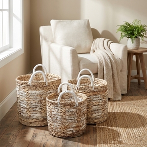 Juego de Cestas de Almacenamiento de Jacinto de Agua Tejidas a Mano Naturales con Asas Envolventes y Detalles Blancos, para Macetas, Lavandería y Decoración, Diseño de Arte Puro - Product Image 5