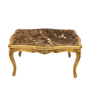 Mesa de Centro Rectangular de Lujo con Tapa de Mármol Marrón Oscuro y Marco de Madera Tallado a Mano en Oro Antiguo para Interiores Clásicos - Product Image 1