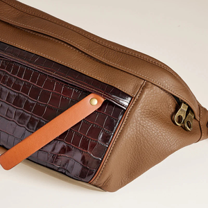 Sac banane en cuir véritable fait à la main et sac de ceinture de taille occidentale unisexe imprimé croco fermeture à glissière antivol pour les voyages en plein air - Product Image 3