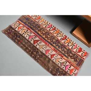 Tapis vintage turc en laine écologique à poils moyens, 2,4 x 4,4 pieds, marron beige, design patchwork, grand rectangle, avec envers en latex - Product Image 4