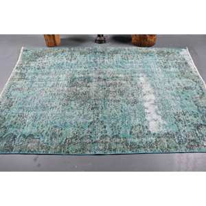 Alfombra turca antigua azul verde de 5x7 pies, lana clásica de área grande con respaldo de látex, patrones abstractos rectangulares para uso en el pasillo - Product Image 3