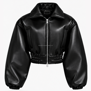 Black Faux Leather Cropped Bomber <b>Jacket</b> for <b>Women</b> Puff Sleeves Elastic Waist <b>Zip</b> <b>up</b> Winter Outerwear - Product Image 1