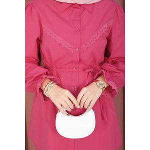 Camisa Elegante con Cordones Color Fucsia, Logotipo Bordado Floral, Cuello con Volantes, Talla XL, Tela de Popelina, Chifón y Tejido de Punto, Camisa Holgada Larga o Corta para Mujer - Product Image 4