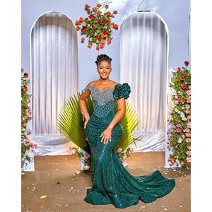Handmade <b>Emerald</b> Majesty Mermaid Gown Satin Crocheted Party <b>Dress</b> Sequined Tiered Draped Decoration Empire Floor-Length - Product Image 1