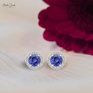 Los más populares 1,08 Ct Tanzanita Birthstone Dainty Stud 14K Oro sólido Pendientes de diamantes blancos Exportador internacional Joyería fina - Product Image 3