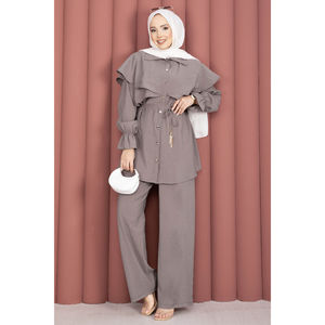 Ensemble pantalon et tunique boutonnée style cape décontracté pour femme, coupe ample en tissu crêpe, couleur pierre foncée, idéal pour le bureau, printemps/été/automne - Product Image 4
