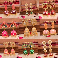 Nouveautés : Bijoux et accessoires de mode, boucles d'oreilles Jhumkas en laiton plaqué or Meenakari Kundan pour mariage et Mehndi, cadeau pour Haldi