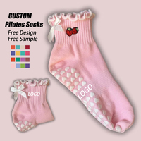 Pink Ruffle Bow Custom Embroidered Non Slip Grip Socks for Pilates Yoga Barre With White Heart Hrips