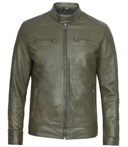 Men's Casual <b>Racer</b> Cuffs Leather <b>Jackets</b> Comfortable Fitted Cordura Waterproof Inner Soft Polyester Liner Green Color Blank - Product Image 1
