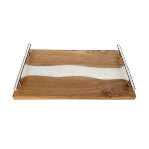 Plateau en résine époxy blanche et bois de qualité supérieure, personnalisable, design moderne de rivière, plateau de service avec poignées pour la maison, l'hôtel, le café - Product Image 1