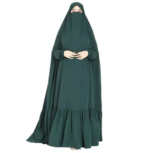 女性休闲夏季春季2023长穆斯林服装连衣裙正面关闭褶边镀阿巴雅适中伊斯兰阿巴雅上衣