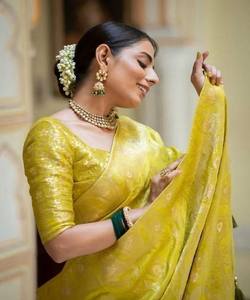 Sari de Jacquard de Seda Lichi Atractivo con Blusa Sin Coser, Ropa Moderna para Fiestas Festivas, Precio al por Mayor, Prenda Étnica, Color Limón - Product Image 4