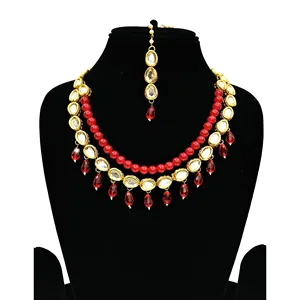 Ensemble de bijoux Kundan en perles rouges, plaqué or vintage, avec diamants, pour femmes, pour mariage, fête ou cadeau - Product Image 2