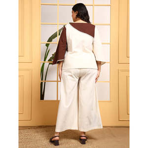 DEEBACO Women's Plus Size Solid Off <b>White</b> Cotton Embroidered Patch <b>Work</b> Co-Ord Set Boat Neck Top and Ankle Length <b>Trouser</b> Outfit - Product Image 5