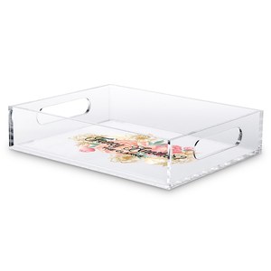 Plateau décoratif moderne de luxe en acrylique transparent avec poignées en laiton brossé, plateau de service pour hôtel, bar et décoration de mariage - Product Image 6