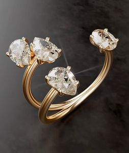 Bague tendance pour femme Toi Moi en or 18 carats plaqué or, diamant de culture blanc poire radiant, certifié IGI, pour soirée, mariage - Product Image 3
