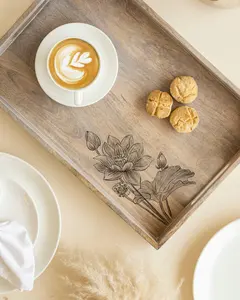 Plateau en bois de manguier Eva avec motif de lotus Plateau de service décoratif pour café, thé et collations Plateau en bois de manguier Eva avec motif de lotus - Product Image 2