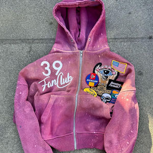 Sudadera con capucha para hombre, corte oversize, estilo streetwear, con cremallera completa, efecto desgastado por el sol, parches bordados en 3D, 100% algodón, cuello con capucha, para otoño - Product Image 2