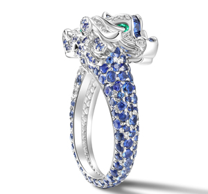 Luxury Dragon Design Sapphire & <b>Emerald</b> Accent Diamond <b>Ring</b> in Rhodium Plated Sterling <b>Silver</b> - Product Image 1