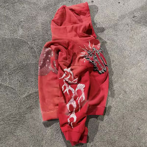 Ropa de calle personalizada algodón francés Terry Vintage Sun Faded sudaderas con capucha estampado de diamantes de imitación pesado de gran tamaño lavado ácido Sudadera con capucha para hombres - Product Image 2