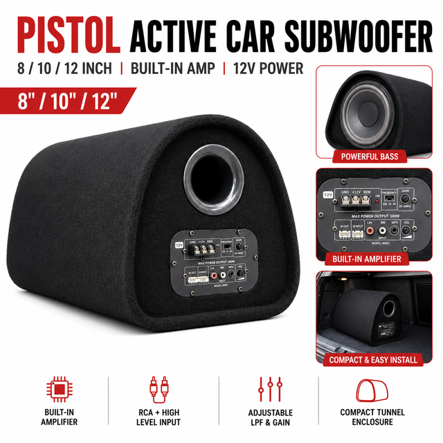 8 10 and 12 Inch Active Car Subwoofer Tunnel Tube Built-in Amplifier 12V RCA High Level Input LPF Gain Car Audio Bass Box