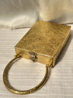 Pochette de soirée de luxe pour femme, rectangulaire, en métal doré antique, avec motifs floraux, panneau gravé et poignée rigide, idéale pour mariage