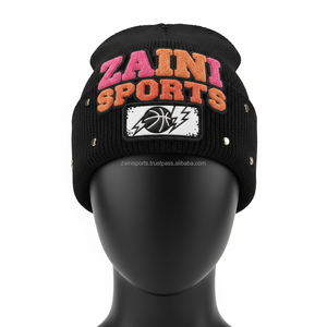 Mode femmes bonnet chapeau 320 GSM épais acrylique laine noir chaud tricot avec 3D Chenille bouffée broderie Logo jacquard bonnet casquette - Product Image 6