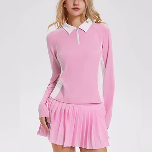 Женский комплект из двух предметов: теннисная юбка с высокой талией и плиссировкой, с цветными блоками, на молнии до середины груди, с длинным рукавом, с логотипом спереди (спандекс/хлопок) - Product Image 3