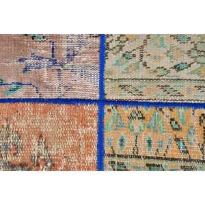1.6x3.3 ft Turkish Small Rug, <b>Brown</b> Blue Vintage Check <b>Wool</b> Rug - Product Image 4