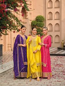 Conjunto de traje de diseñador Chinon Palazzo Salwar y Dupatta, pantalones de talla grande Palazzo, trajes de proveedor mayorista - Product Image 5