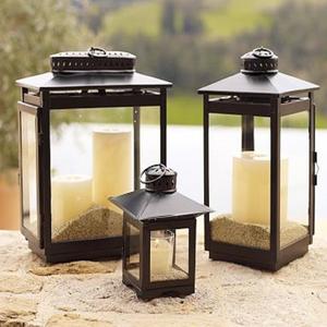 Classic <b>Black</b> Metal Lantern Set with Glass Panels and Pillar Candle <b>Holders</b> Elegant Indoor Outdoor Decorative Lighting Accent - Product Image 1