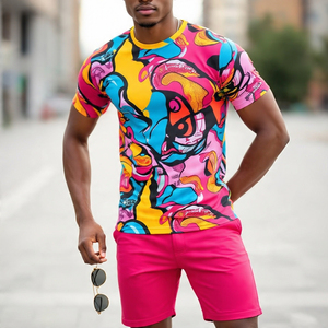 OEM Printed T Shirt Shorts Two Piece Set <b>Men's</b> 100% Cotton Print Shorts Sleeve Tee Shorts Sets <b>Mens</b> - Product Image 2