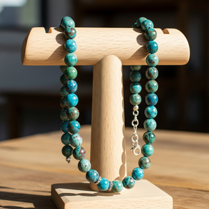 สร้อยคอลูกปัดหินคริสโซโคลลาธรรมชาติคุณภาพสูงสำหรับผู้หญิงสร้อยคอลูกปัดเงินขนาด18นิ้วล็อค925ด้วยมือเครื่องประดับแฟชั่น - Product Image 3