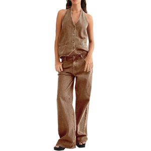 Conjunto de 2 Piezas de Mezclilla Ajustada con Botones para Mujer, Diseño Nuevo de Primavera Verano 2025, Informal, Sin Mangas, a la Moda, 100% Algodón, Secado Rápido, Transpirable - Product Image 1