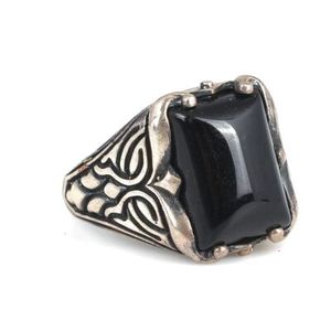 925 Sterling Silver Men's <b>Ring</b> Natural Onyx Stone Rectangular Geometric Pattern Hip Hop Style Platinum Fine for Everyday Wear - Product Image 3