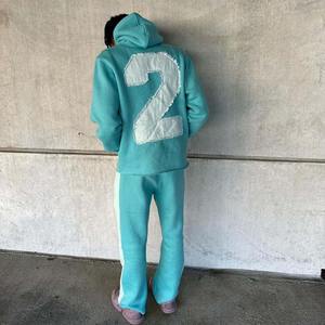 Survêtement évasé unisexe streetwear graphique 3D à impression bouffante, survêtement empilé avec ourlet brut, bord coupé, ensemble de pantalons de survêtement à capuche et survêtement - Product Image 6