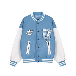 Chaqueta universitaria de manga de cuero de mezcla de lana con cuello levantado y chaqueta de invierno con logotipo frontal - Product Image 1