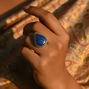 Bague en argent 925 avec pierre précieuse en forme de larme pour femmes, colliers superposés tendance avec lapis-lazuli - Product Image 2