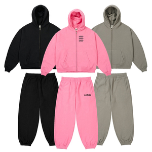 Ensemble unisexe de survêtements Boxy brodés personnalisés, sweat à capuche zippé rose en coton éponge vierge, survêtement pour femmes, de haute qualité - Product Image 1