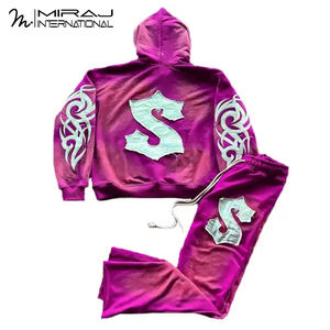 Survêtement évasé en éponge française surdimensionné pantalon de survêtement délavé à l'acide ensembles à capuche grande taille Streetwear avec applique brodée - Product Image 4