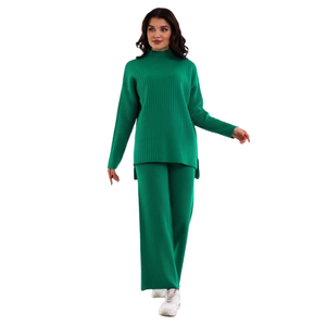 Ensemble de survêtement deux pièces en tricot pour femme Ensemble pull et pantalon surdimensionnés à col roulé uni de haute qualité Tricots texturés doux - Product Image 1