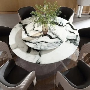 Juego de Mesa de Comedor Personalizado con Cubierta de Mármol Blanco Panda, Diseño de 6 Sillas, Mesa de Comedor Redonda de Mármol Blanco con Vetas Negras de Lujo - Product Image 3