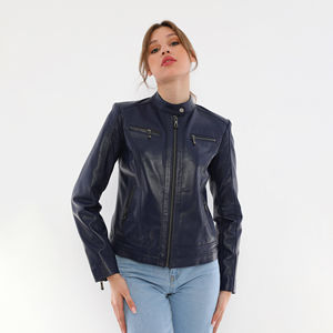 Chaqueta de Cuero para Mujer, Estilo Aviador Vintage de Lujo, Color Azul Marino, con Relleno de Algodón Genuino, Cuello con Botones, Diseño OEM - Product Image 6