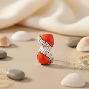Bague élégante pour femme Art Palace en argent et corail, sertie de pierres précieuses naturelles en taille princesse, motif œil, plaqué or 18 carats - Product Image 1