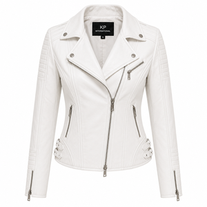 Veste de motard en cuir PU blanc à manches longues, col montant, fermeture éclair, style automne pour femmes - Product Image 1