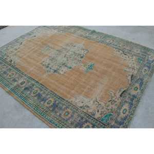 Vintage Rug, 6.5x8.2 ft Turkish Rug, <b>Brown</b> Blue Oriental <b>Wool</b> Rug - Product Image 4
