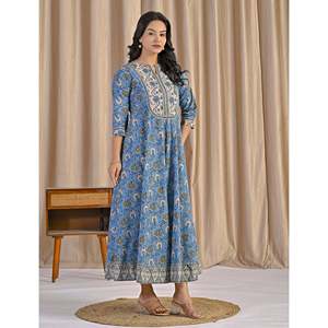Vestido Anarkali gris verdoso con estampado a mano, ropa étnica pakistaní india cosida para niñas, ideal para fiestas. - Product Image 6