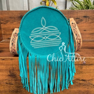 2025 New Arrivals Boot Stitch Hand Tooled Suede Leather Round Shoulder Fringe Bag for Women Genuine Leather Circle Crossbody Bag - Product Image 1