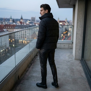 Men Black <b>Quilted</b> Puffer <b>Jacket</b> High Collar Embossed <b>Pattern</b> Warm Zip Up Winter <b>Jacket</b> OEM ODM Wholesale - Product Image 3